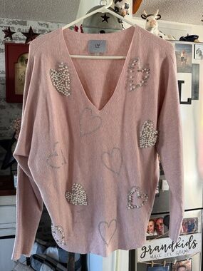 LIV Pink V-Neck Sweater with Pearl Heart Accents